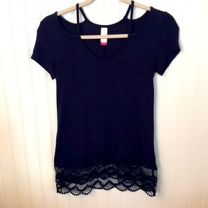 Y2K No Boundaries Cold Shoulder  Navy Blue Top Lace Trim Cap Sleeve